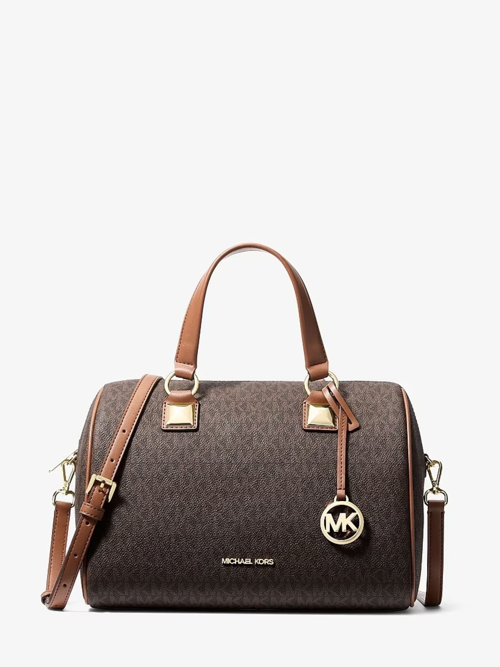 Michael Kors Brown Logo-Print Satchel with Tan Trim